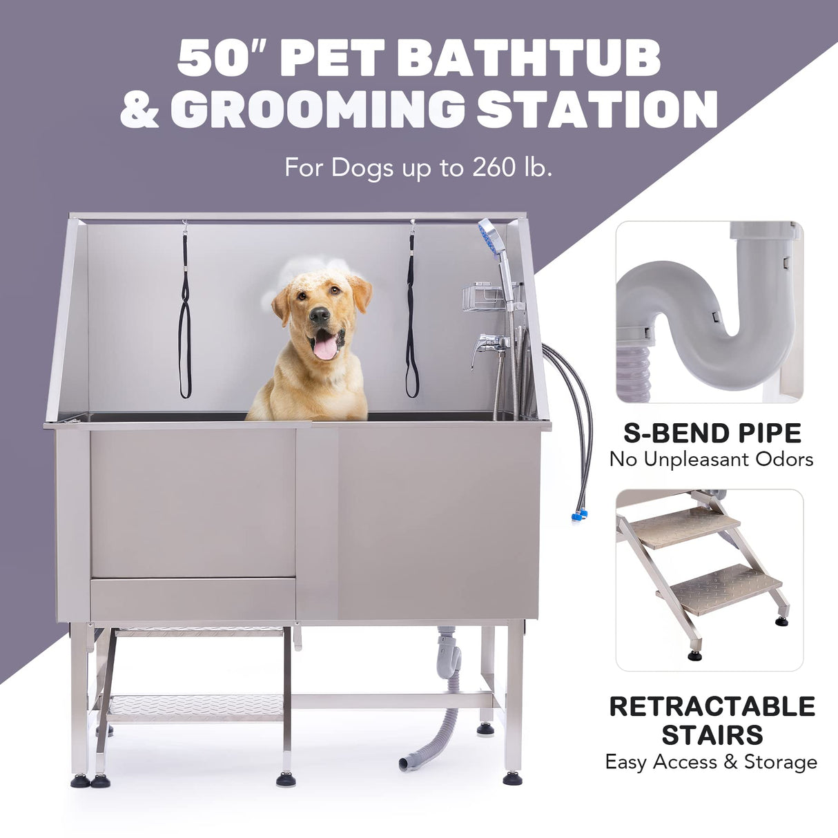 CO-Z 50” Dog Bathing Station for Large Dogs, Professional Dog Grooming Tub Pet Dog Washing Station for Home, Large Dog Bathtub with 304 Stainless Steel Tank, Removable Floor Grate, Steps, Faucet CO-Z