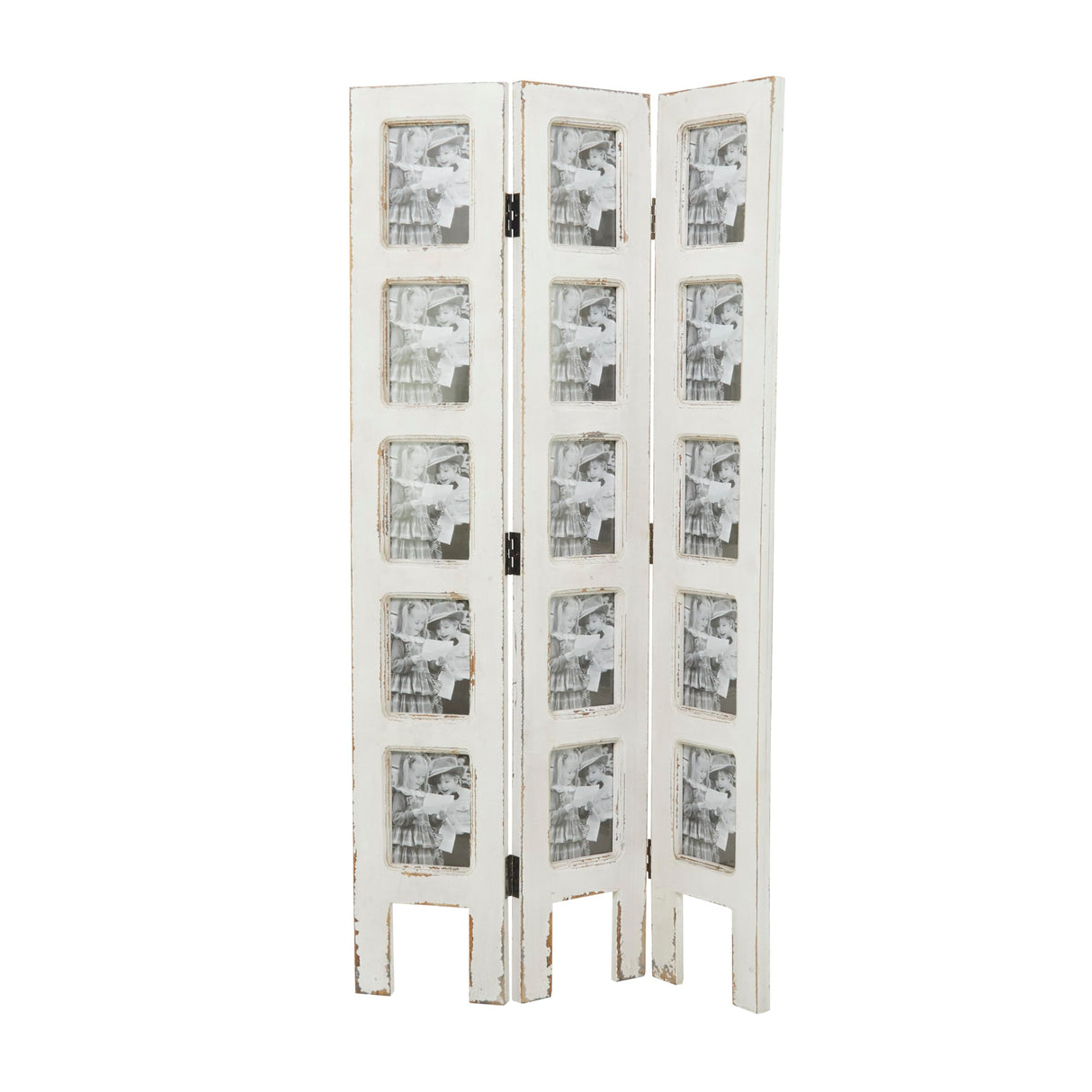Deco 79 Wooden Partition Room Divider Screen Hinged Foldable Partition 3 Panel Privacy Screen with 15 Photo Slots, Room Partition 27" x 1" x 51", White Deco 79