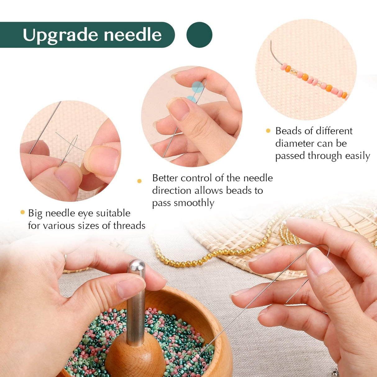 Tilhumt Bead Spinner for Jewelry Making, Effortless Rotating Wooden Clay Bead Spinner with 2 Big Eye Beading Needles and 3000 Seed Beads, Beading Supplies for Making Waist, Bracelets, Necklace Tilhumt