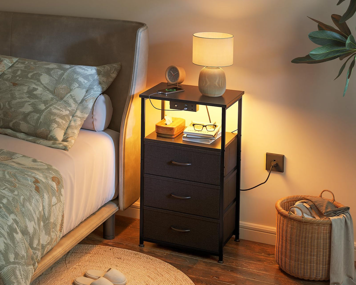 Casaottima BlackNight Stand with Light Strip andCharging Station — USB Ports & Power Outlets, Small Nightstand with 3 Fabric Drawers and Open Shelf, Bedside Table for Bedroom Casaottima