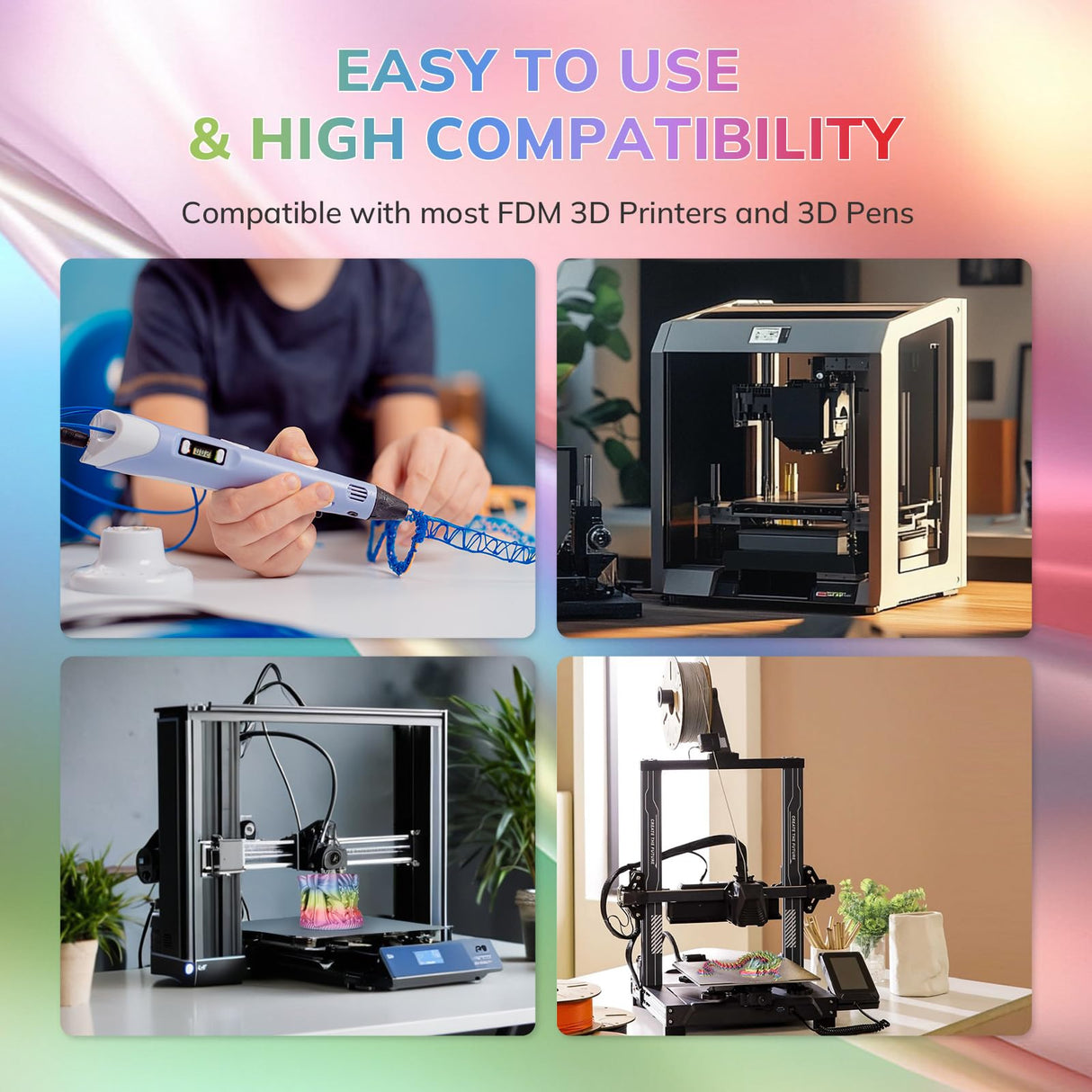 AMOLEN Silk PLA 3D Printer Filament, Shiny Multicolor Rainbow PLA Filament 1.75mm, Gradient Color Change PLA 3D Printing Filament for Most FDM 3D Printer, Pink Blue Purple Green Yellow, 1kg (2.2lbs) AMOLEN