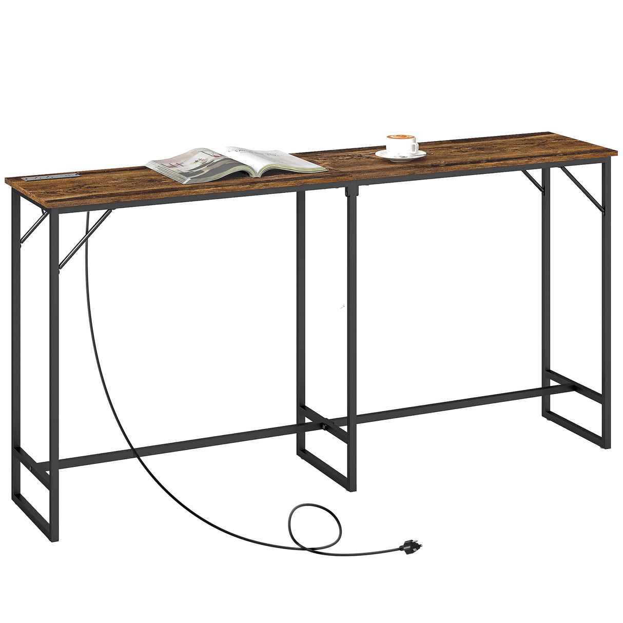 HOMCOM 70" Long Counter Height Table with Charging Station, Industrial Style Rectangular Bar Table with Steel Frame for Dining Room, Kitchen, Rustic Brown HOMCOM