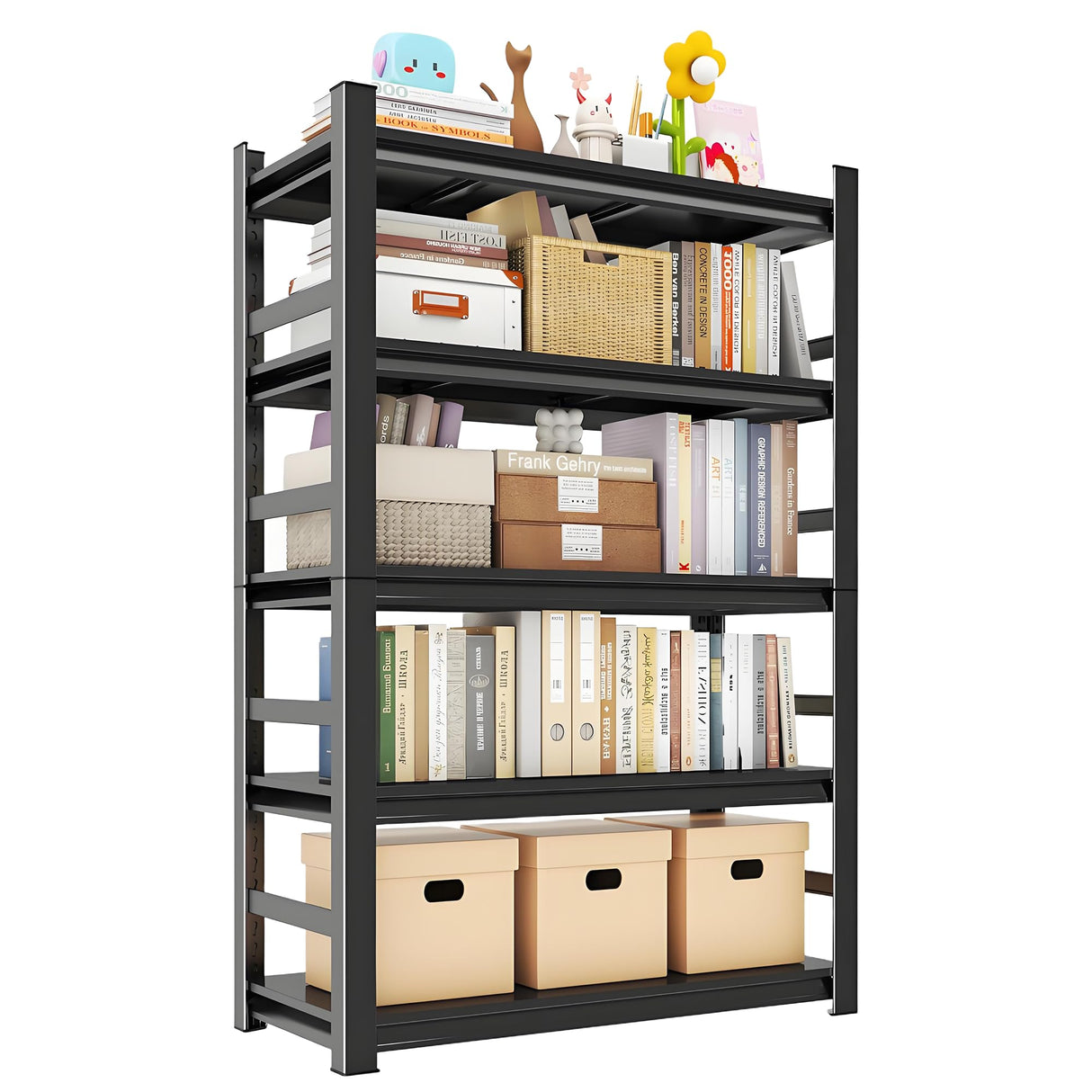 Book Shelf, 78 Tall Bookcase, 5-Tier Large Bookshelves, Metal Shelf for Books, Adjustable Book Shelves for Living Room, Display Shelf for CDs/Books/Movies, 47.24" W*18" D*78" H, Black BEESTMUEBLE