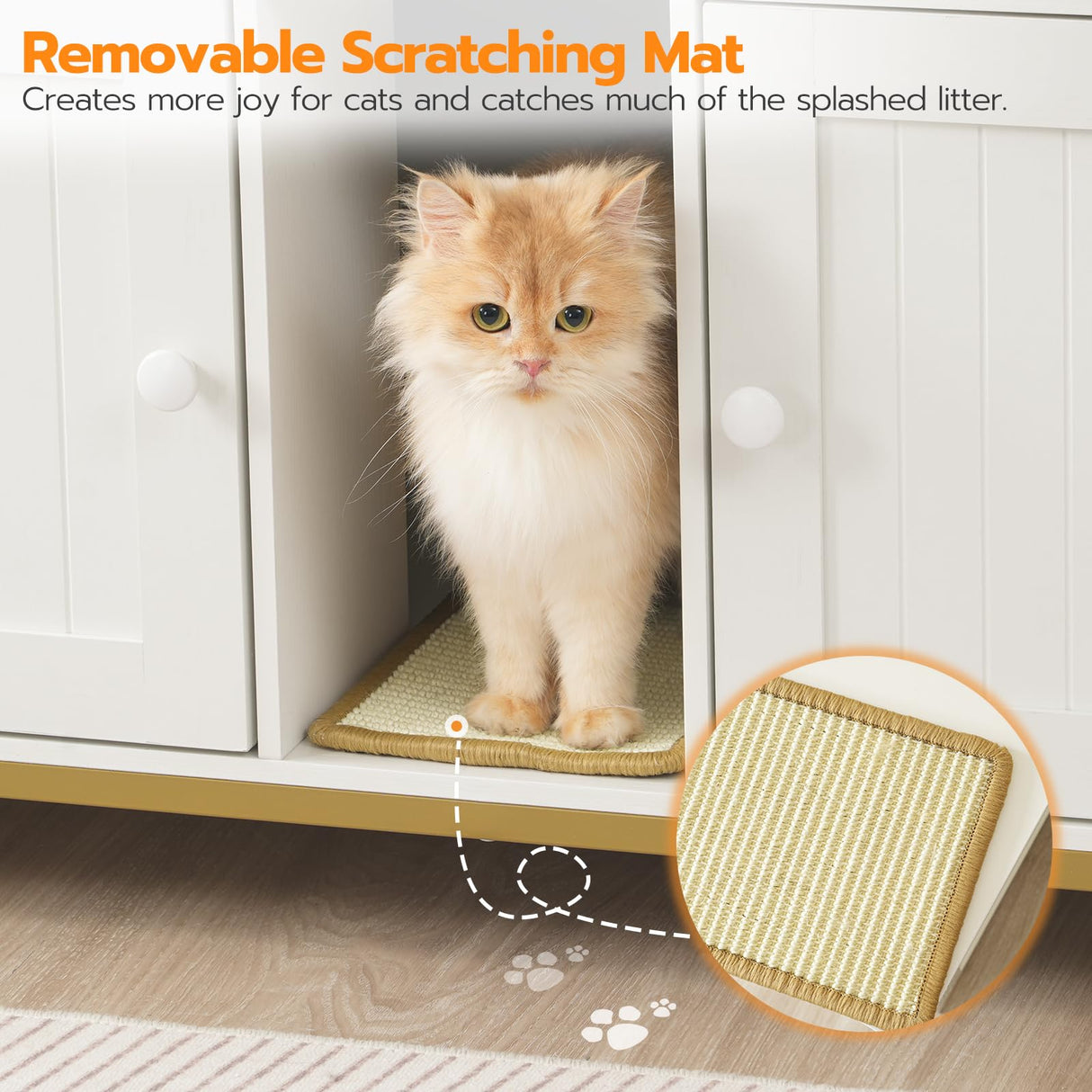 HOOBRO 44" Cat Litter Box Enclosure for 2 Cats, Double Cat Litter Box Furniture Hidden, TV Stand Litter Box Enclosure with Cat Scratching Mat, Cat House, Cat Washroom Cabinet, White, Gold DW20MW01 HOOBRO