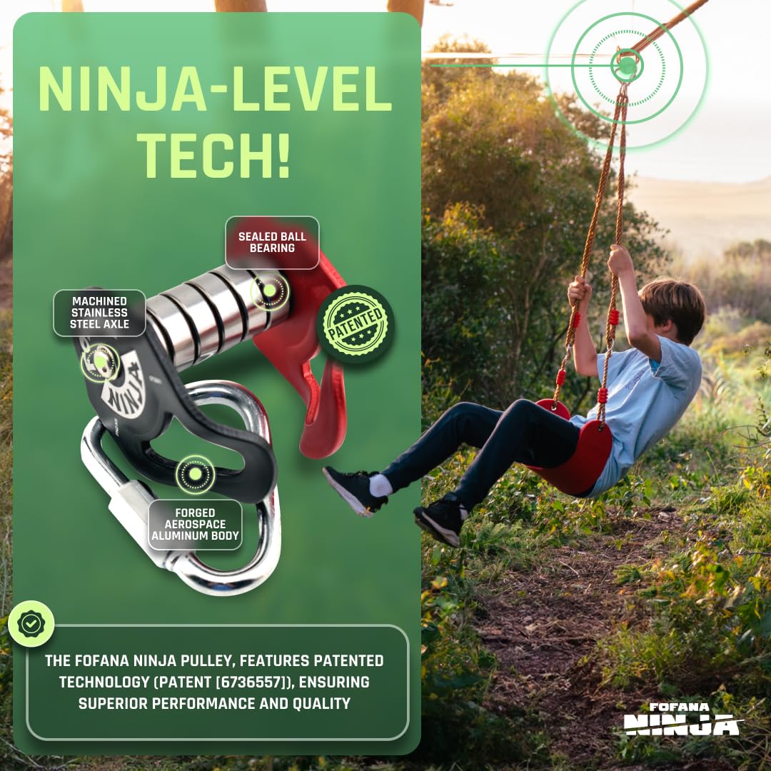Fofana Ninja Slider Slackline Pulley - Turn Slacklines Into Ziplines with The Most Fun New Accessory for Your Ninja Warrior Obstacle Course for Kids - Patented Design Fofana