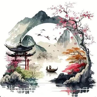 GEMFAMILY Diamond Painting Kits for Adults Beginner,5D Diamond Art Kits for Courtyard Under The Cherry Blossom, DIY Full Drill Landscape Diamond Dot Gem Art Kits for Home Decor 13.8 x 13.8 Inch