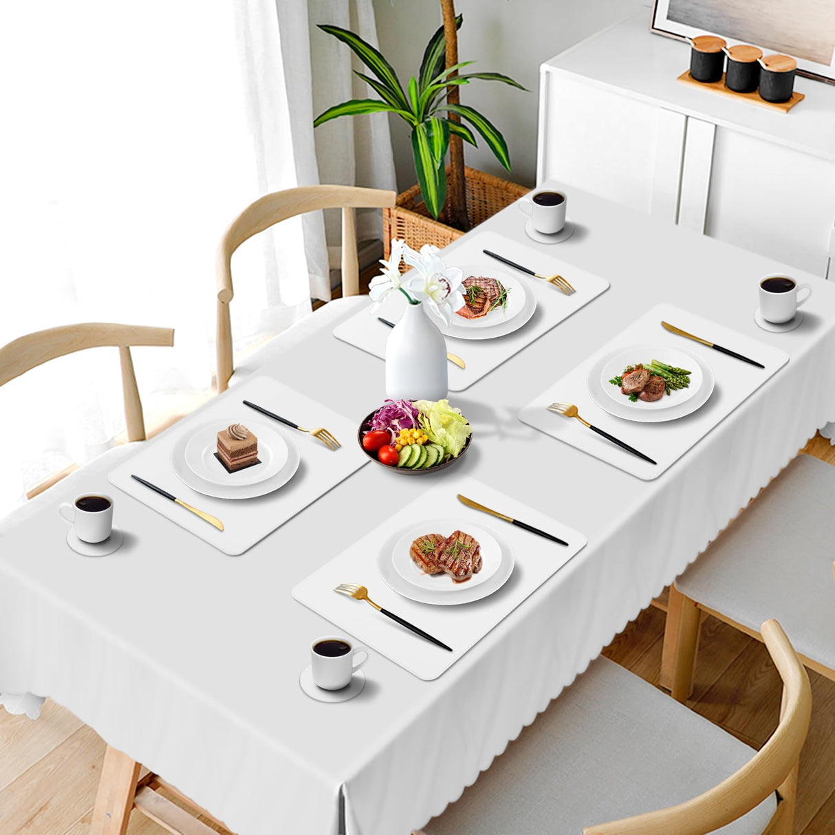 APLKER Vinyl Placemats Set of 6, Heat Resistant Dining Table Placemats Waterproof Washable Wipeable Faux Leather Place Mats and Coasters for Kitchen, Dining, Party & Outdoor (White) APLKER