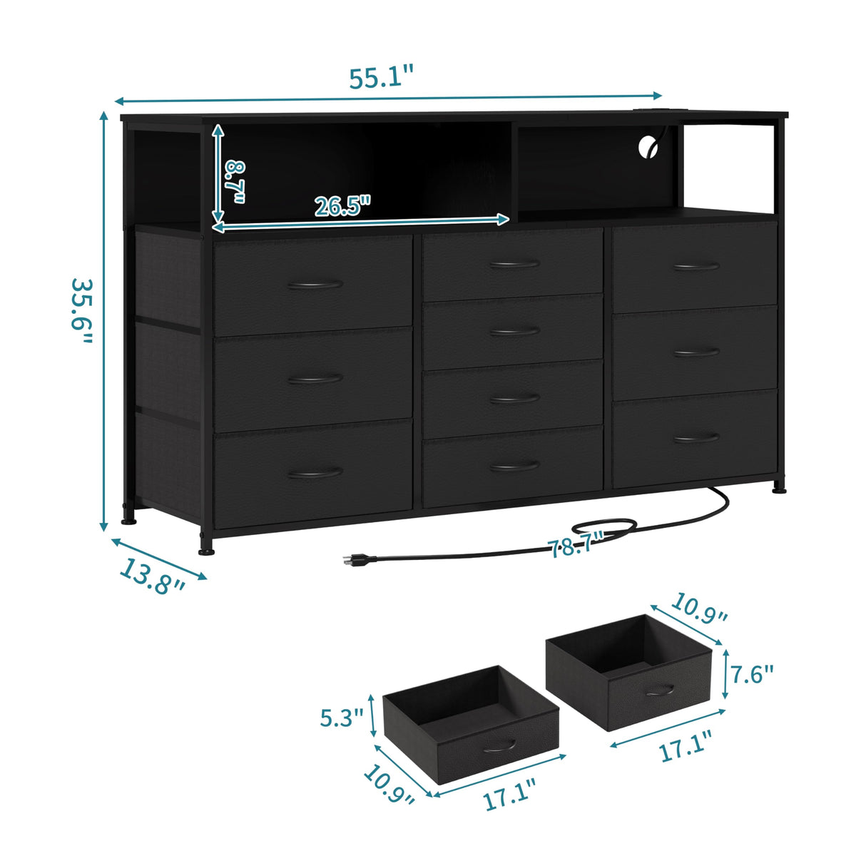 Unionly 55W 10-Drawers Dresser with 2 Open Storage Shelves, TV Stand Dresser for 55,65 inch TV,with Power Outlets and LED Lights, Fabric Dressers Drawers for Bedroom, Living Room (Black) Unionly