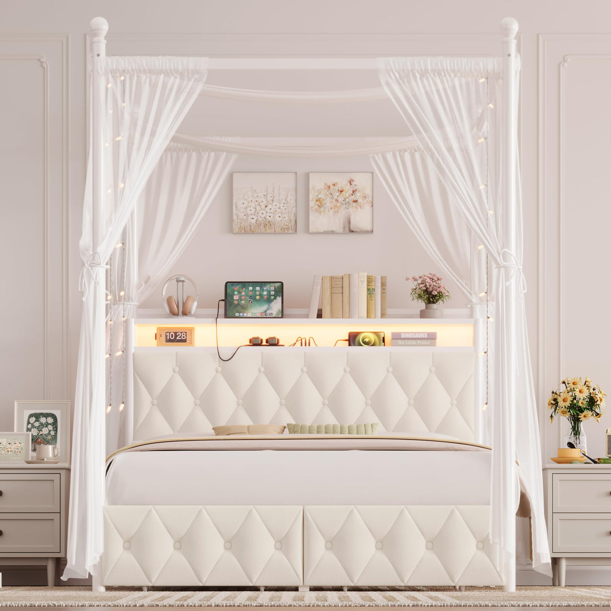 HIFIT Queen Size Upholstered LED Canopy Bed Frame with Storage and Charging Station, Button Tufted Storage Headboard with Bookshelf, Two-Use Metal Platform Bed with 4 Removable Post & 2 Drawers, Biege HIFIT