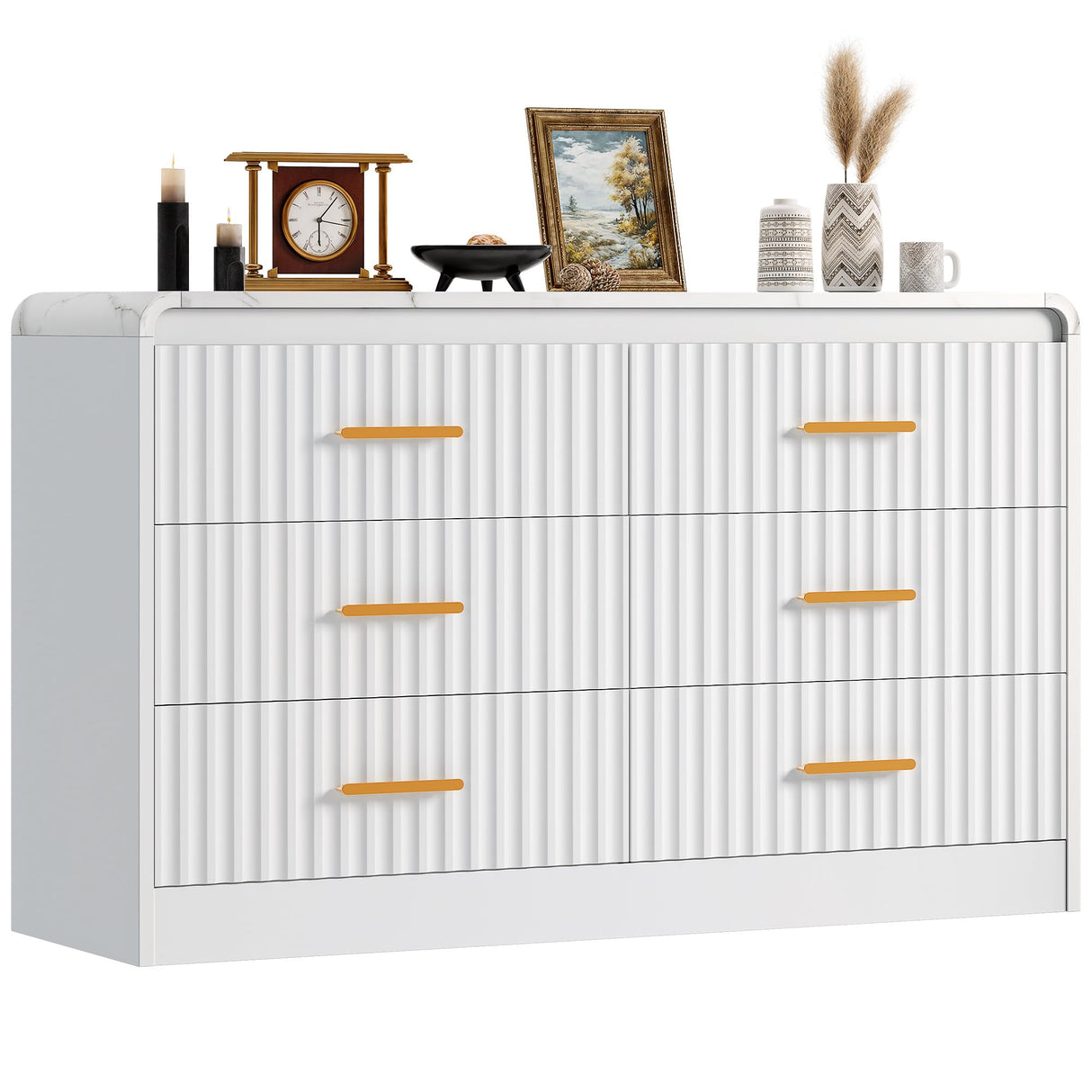 YITAHOME 6-Drawer Dresser with Built-in Power Outlet, Wood TV Stand with 6 Large Drawers and Bar Handles, White Dresser Chest of Drawers for Living Room, Hallway, Entryway YITAHOME