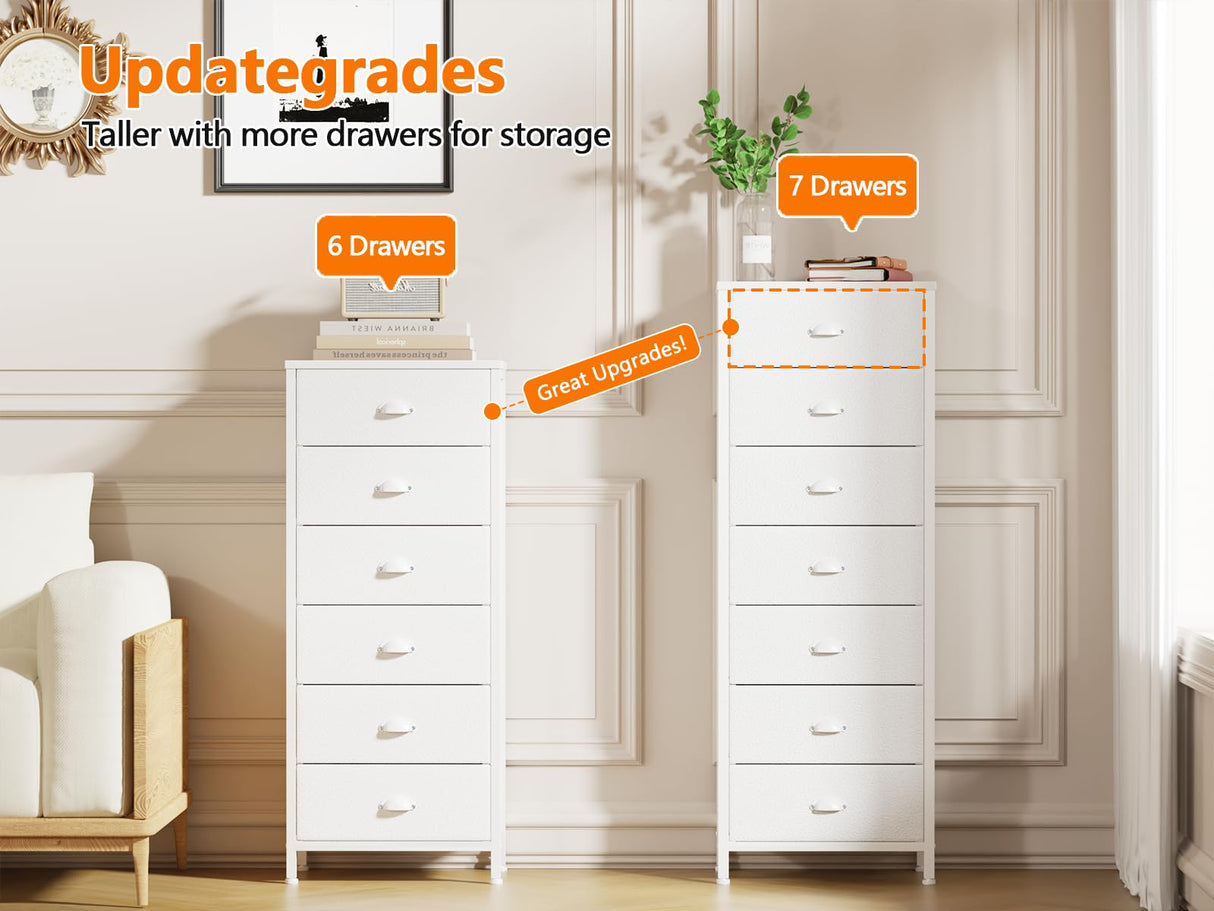 Furnulem White Tall Dresser for Bedroom with 7 Drawers, Vertical Chest of Drawer in Closet, Nightstand Storage Tower Unit Organizer with Fabric Bins for Dorm,Living Room,Entryway,Hallyway Furnulem
