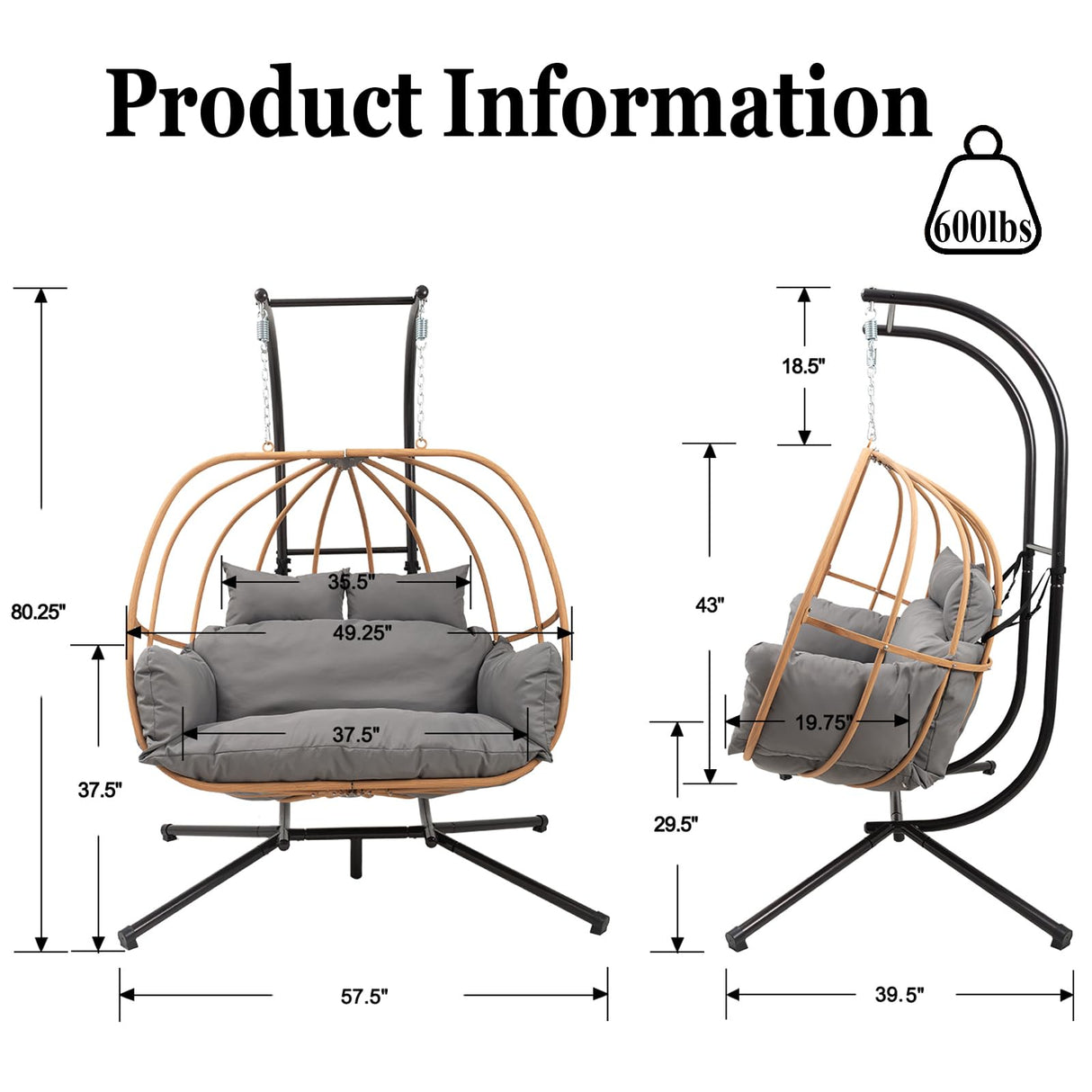 DAYAOUTDOOR Double Egg Chair with Stand, Oversized Egg Chair Outdoor, 2-Person Hanging Eggs Chairs, 600Lbs Sturdy Loveseat Swinging Chair for Balcony, Patio, Deck, Grey DAYAOUTDOOR