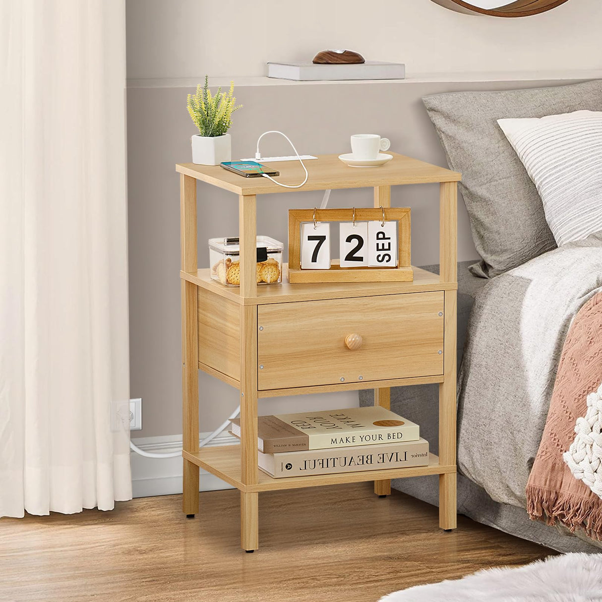 Lerliuo Nightstand with Charging Station and USB Ports, 3-Tier Storage End Table with Drawer Shelf, Night Stand for Small Spaces, Wood Bedside Table for Living Room, Bedroom - Natural Wood Lerliuo