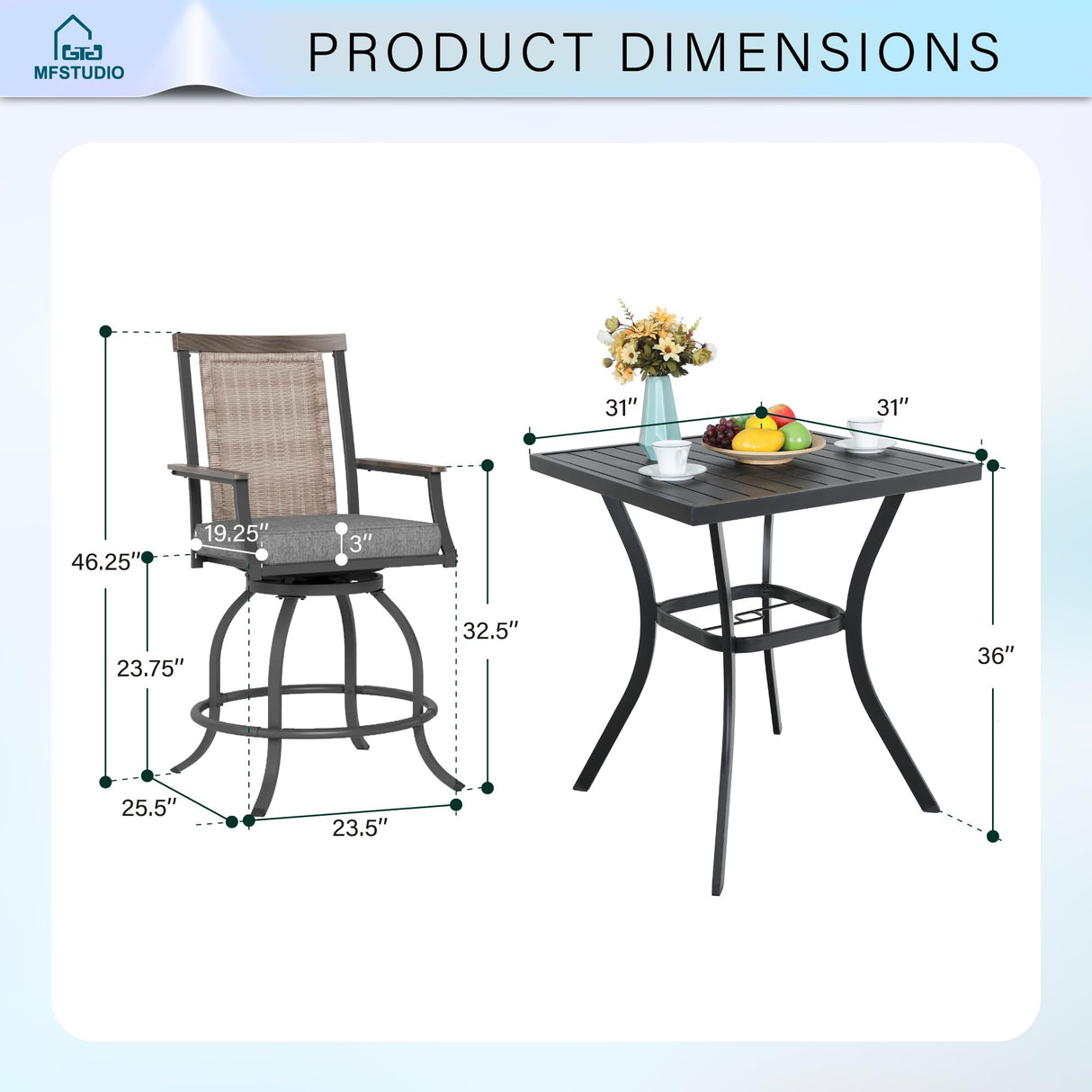 MFSTUDIO 3-Piece Outdoor Bar Set with 2 Swivel Wicker Rattan Cushion Chairs and 1 Metal Table, Perfect Patio Counter Height Table and Chairs MFSTUDIO