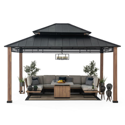 Sunjoy Roberts Outdoor Patio 13 x 15 ft. Black Steel Frame Hardtop Gazebo with 2-Tier Rust-Resistant Steel Roof by SummerCove