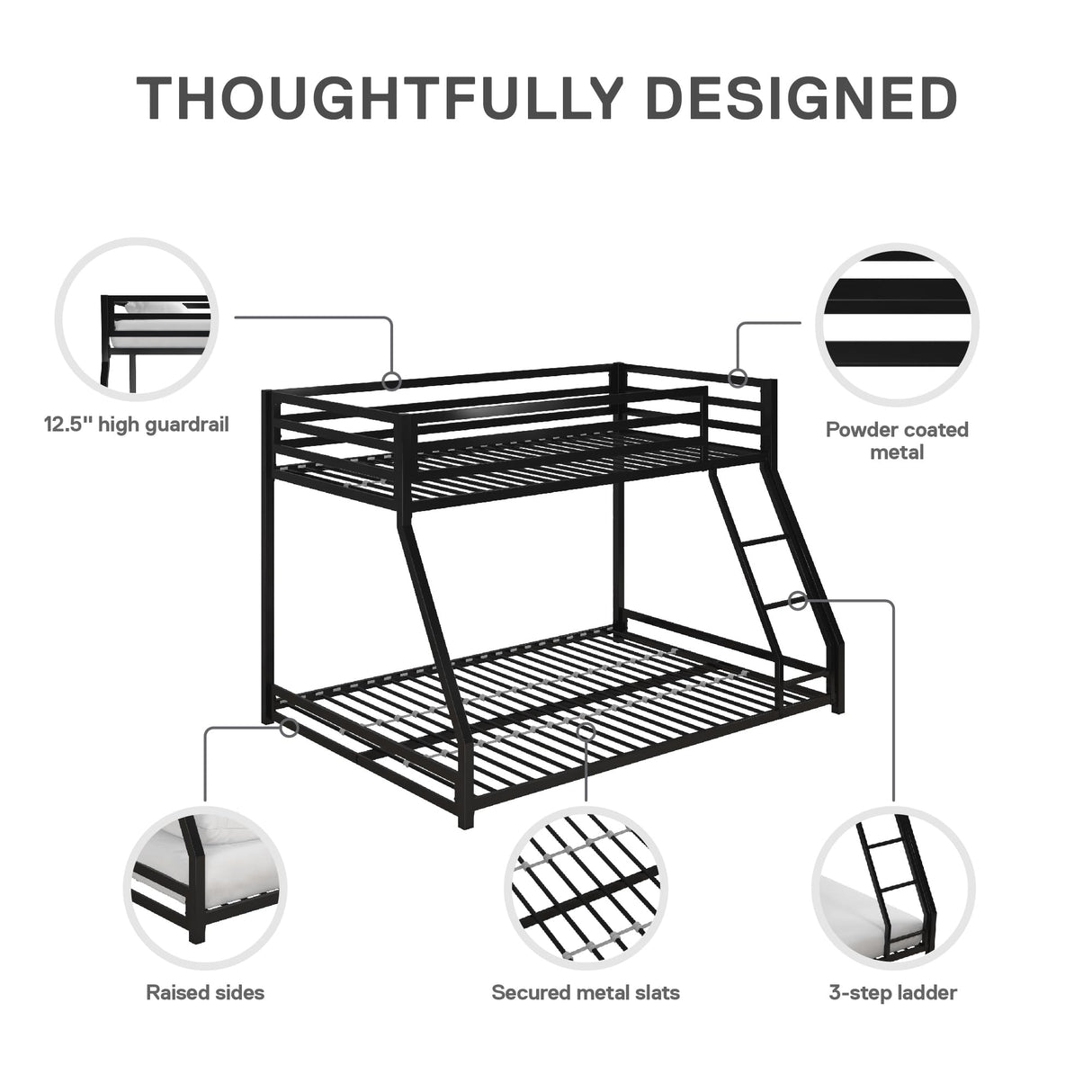 DHP Miles Low Metal Bunk Bed Frame for Kids, With Built-in Ladder, High Guardrail and Metal Slats, Floor Bed Bottom Bunk, No Boxspring Required, For Small Spaces, Twin-Over-Full, Black DHP