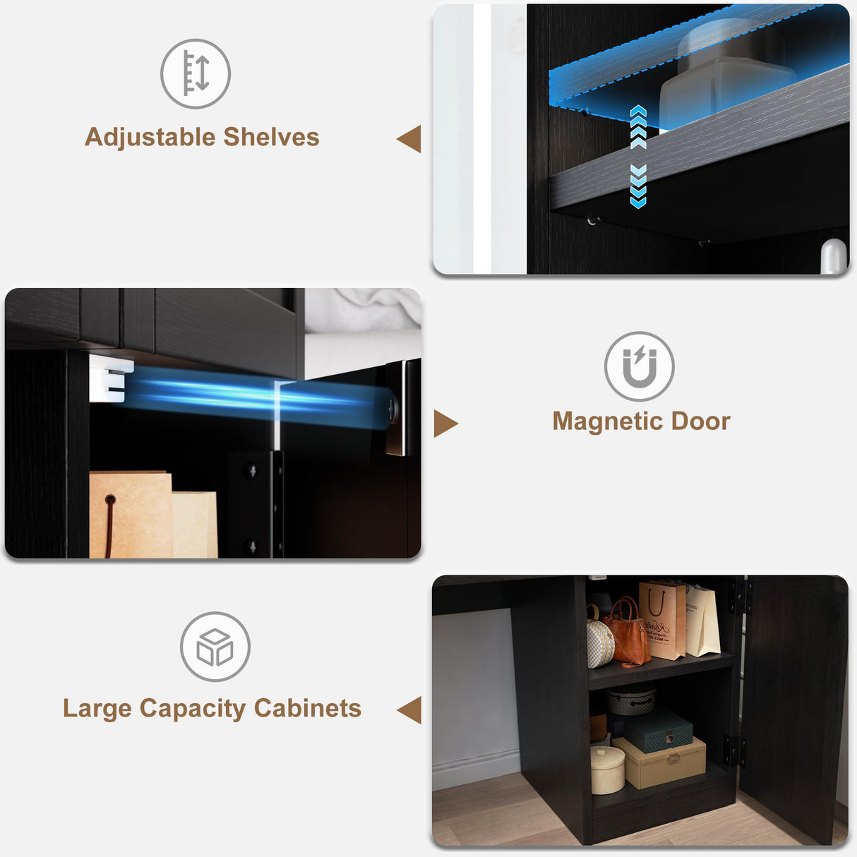 Farmhouse Makeup Vanity Desk with Sliding Mirror and Lights, Glass Desktop Makeup Vanity Desk with Charging Station, 3-Tier Hidden Slide-Out Vanity Shelves, Jewelry Storage Cabinet, 2 Drawers-Black Jocoevol