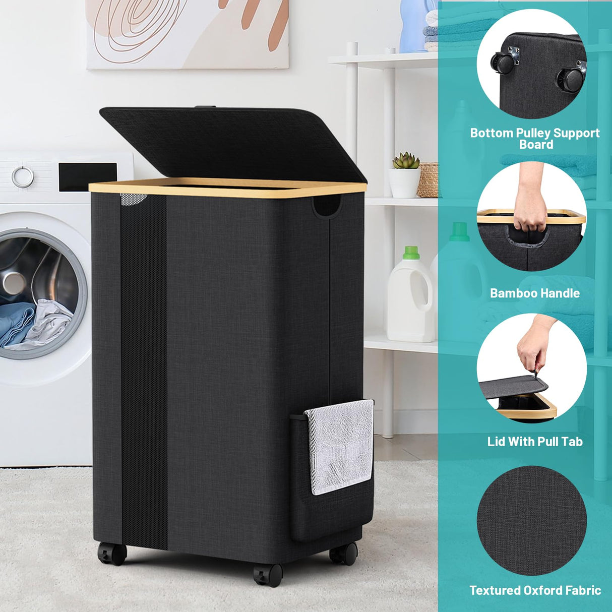 BlissTotes 75L Laundry Basket Slim Laundry Hamper with Wheels Lid, Collapsible Laundry Hampers, Laundry Bin, Clothes Hamper Basket with Internal Support & Handles for Bathroom, Bedroom (Gray) BlissTotes