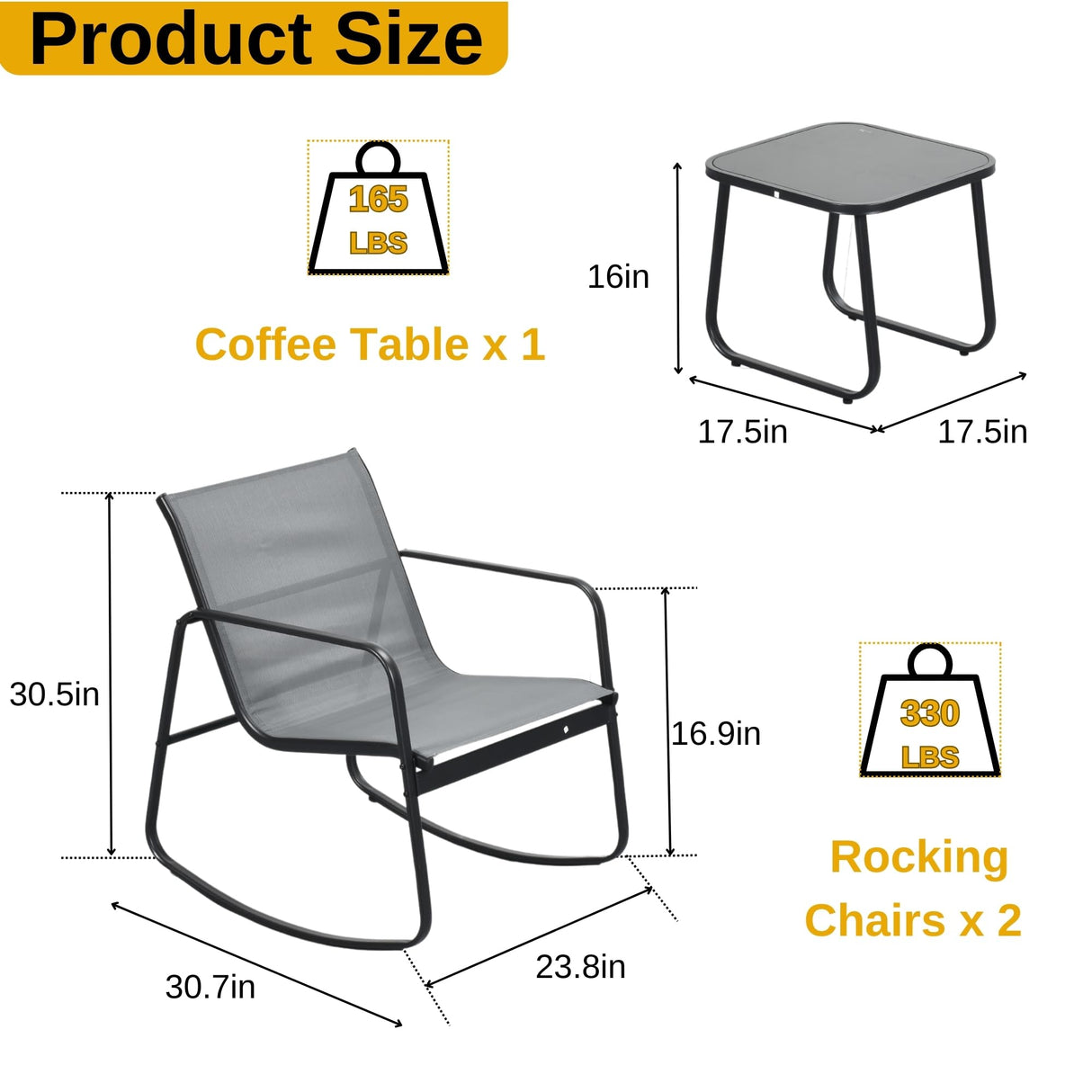 DWVO Gray 3-Piece Patio Bistro Set, Outdoor Textilene Furniture with 2 Rocking Chairs and Coffee Table for Backyard Lawn Garden Balcony Poolside DWVO