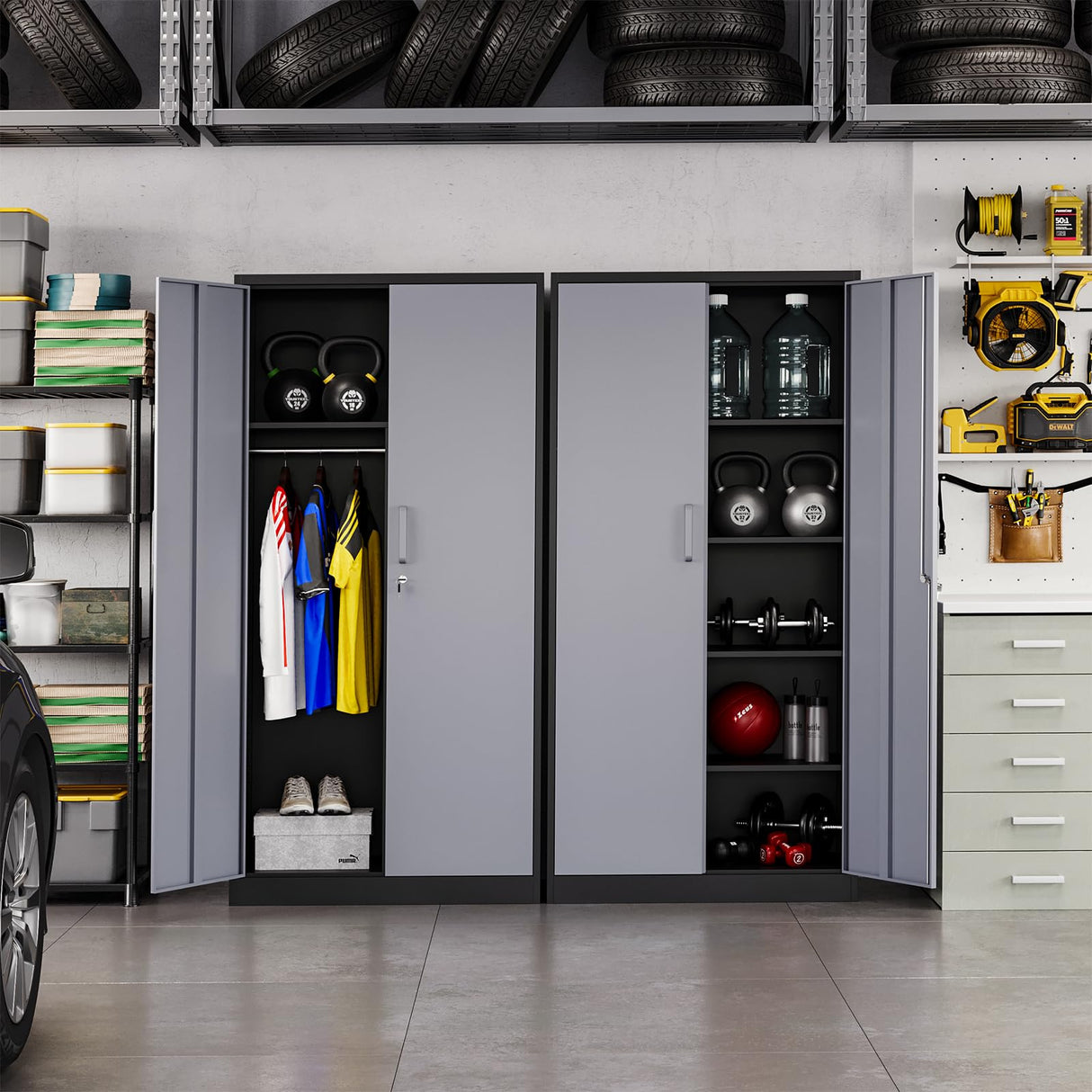 MIIIKO Metal Wardrobe Cabinet with Locking Doors, Metal Locker Armoire Closet for Clothing, 2 Door Steel Storage Cabinet with Adjustable Shelves for Bedroom, Locker Room, Home Office and Garage MIIIKO