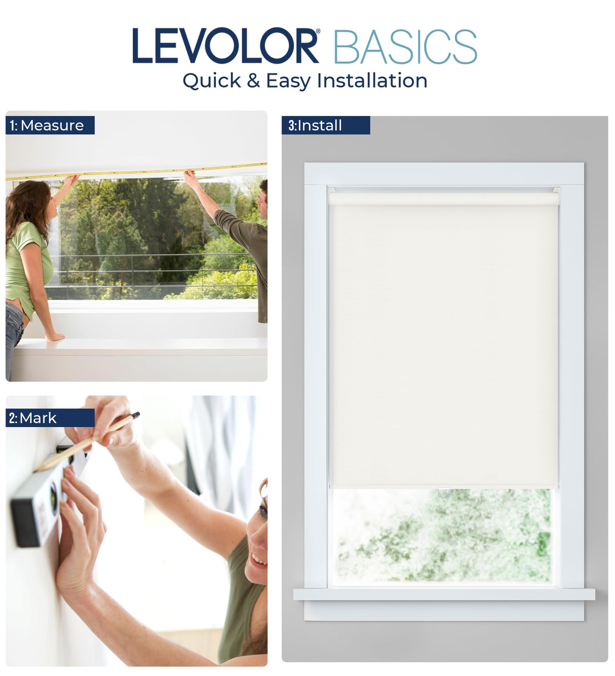 LEVOLOR Basics Cordless Fabric Roller Shade, Easy to Install Blackout Shades for Windows, Neutral White, Fits up to 21” Width and 72” Length, Home Solution for Any Space or Room Decor LEVOLOR