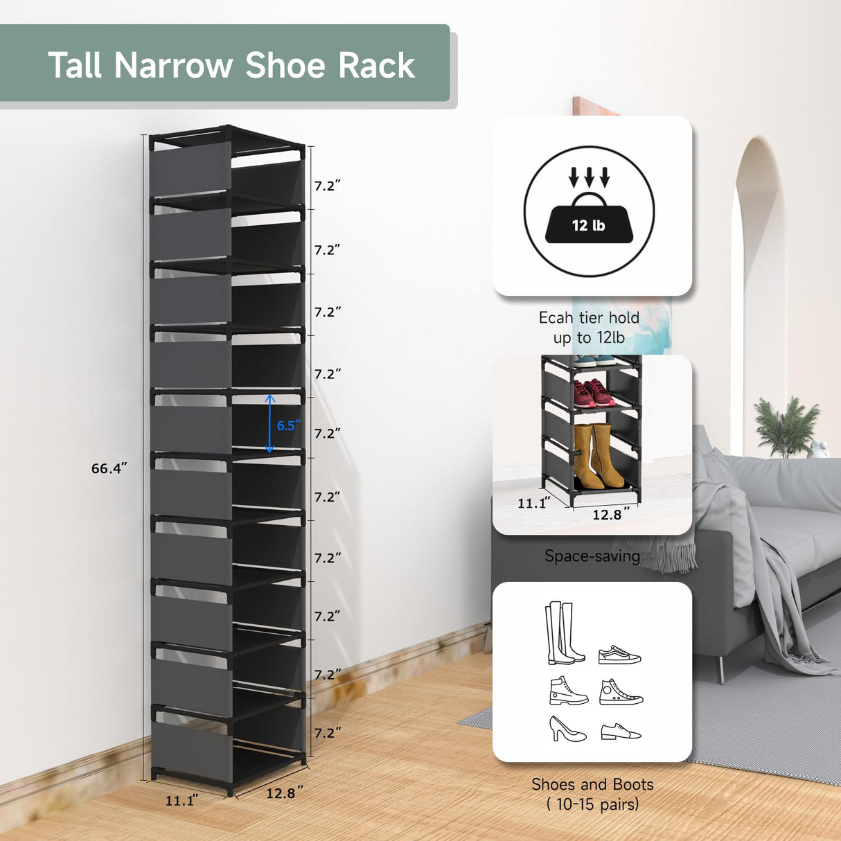 isightguard Vertical Narrow Tall Shoe Rack for Front Door Entrance,10 Tiers Sturdy Metal Shoe Rack Organizer for Closet Entryway, Storage Shelf, Space Saving Stackable Shoe Tower isightguard