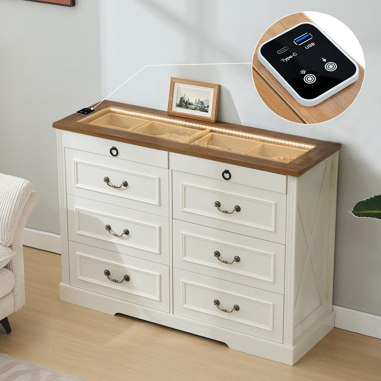 Tltaroni Farmhouse 8 Drawer Dressers, Wooden Chest of Drawers with Glass Top LED Light Charging Station Human Sensor Storage Organizer for Living Room Bedroom and Hallway, Antique White Tltaroni