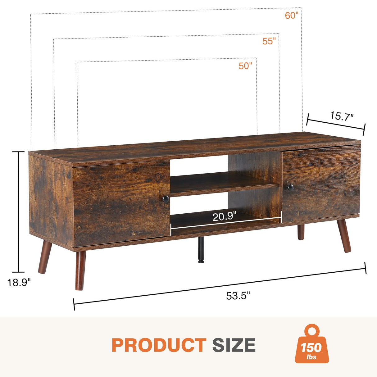 Sweetcrispy TV Stand for 55 60 inch TV, Modern Mid Century Entertainment Center with Storage, Media Console Table 2 Cabinet, Soft Hinge, Handle Door, Wooden Living Room, Office Furniture, Rustic Brown Sweetcrispy