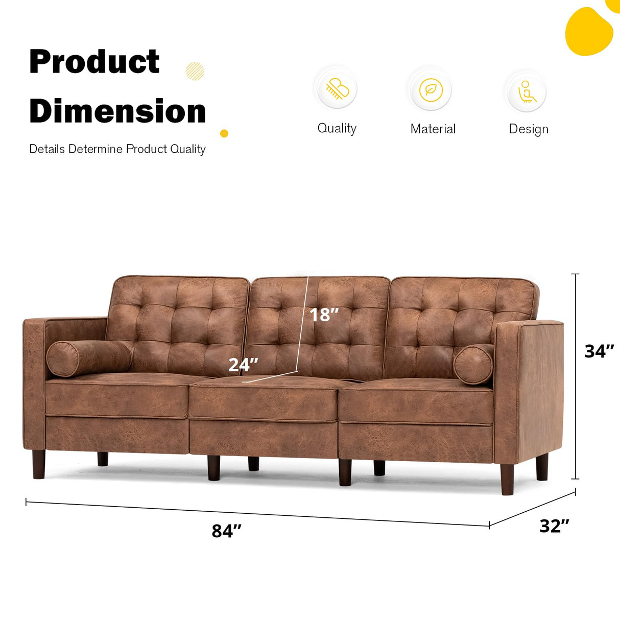 Lesofair 84" Suede Leather Sofa with 2 Soft Pillows, Tufted Modern Sofa with Sturdy Wooden Legs, 3 Seats Couch for Living Room, Office, Bedroom, Brown Lesofair