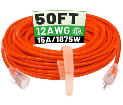 POWGRN 50 ft 12/3 Outdoor Extension Cord Waterproof Heavy Duty with Lighted Indicator End 12 Gauge 3 Prong, Flexible Cold-Resistant Long Power Cord Outside, 15Amp 1875W SJTW Orange ETL Listed