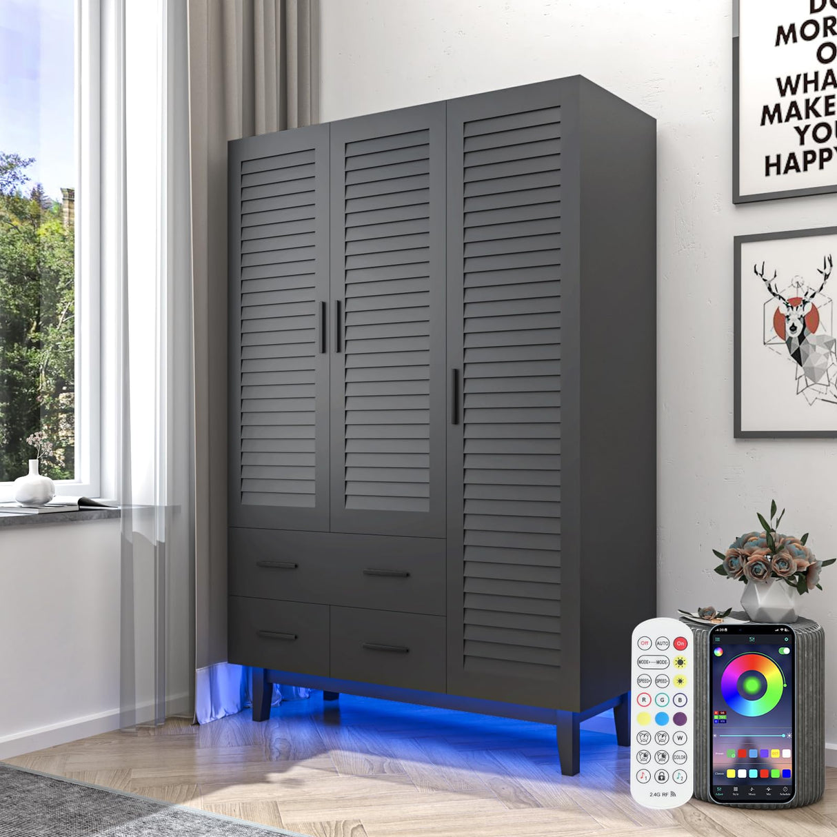 jiteentarou 3 Door Armoire Wardrobe Closet Cabinet with Drawers and LED Lights, Multi-Tier Shelves, Hanging Rod & 3 Louver Doors, Large Capacity Storage Wardrobe Armoire for Bedroom(3 Doors Black) jiteentarou