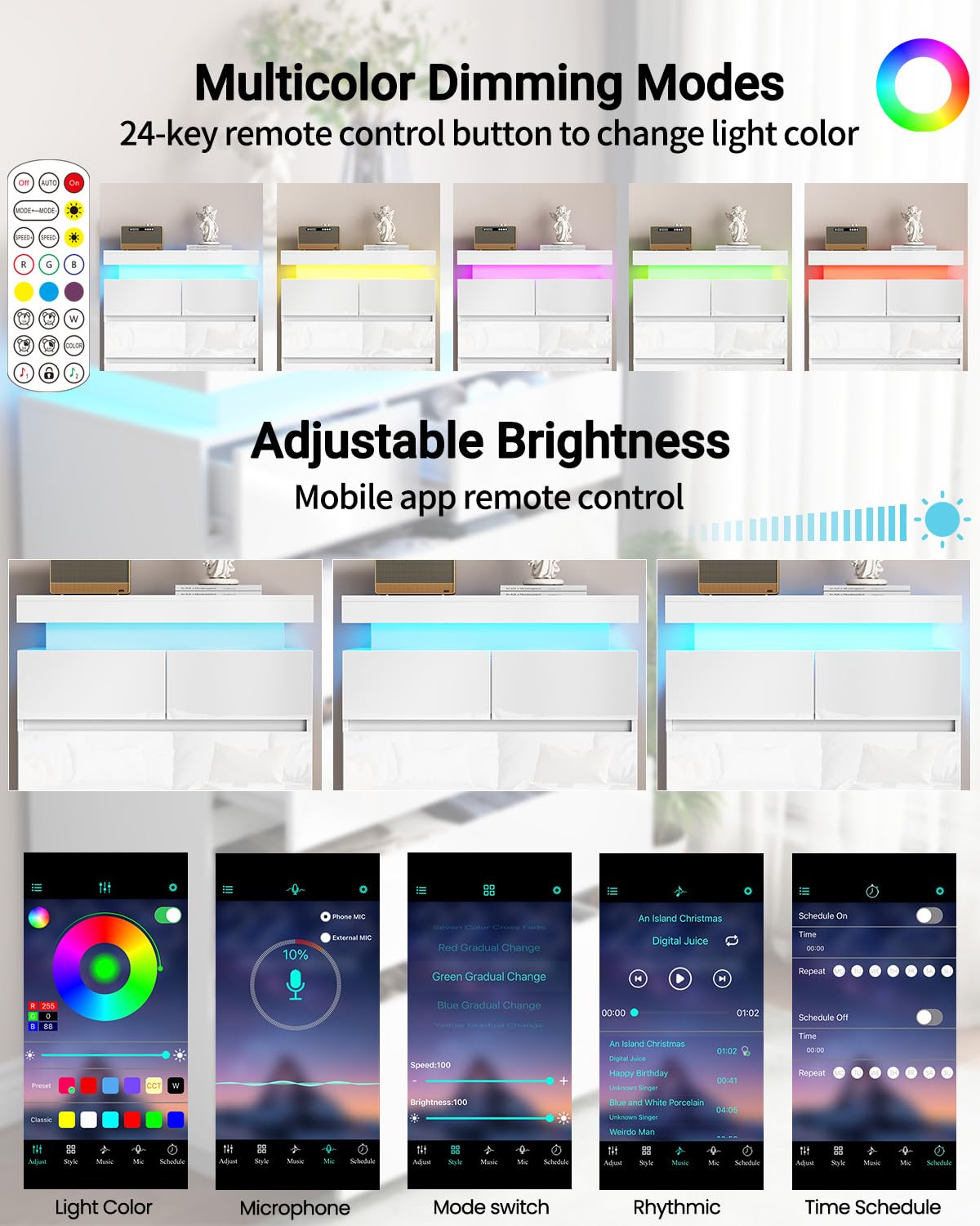 Seeday 6 Drawer Dresser for Bedroom with LED Lights, White Modern High Gloss Chest of Drawers for Closet, Tall Drawer with Adjustable LED Light, for Living Room, Entryway, Dressing Room Seeday