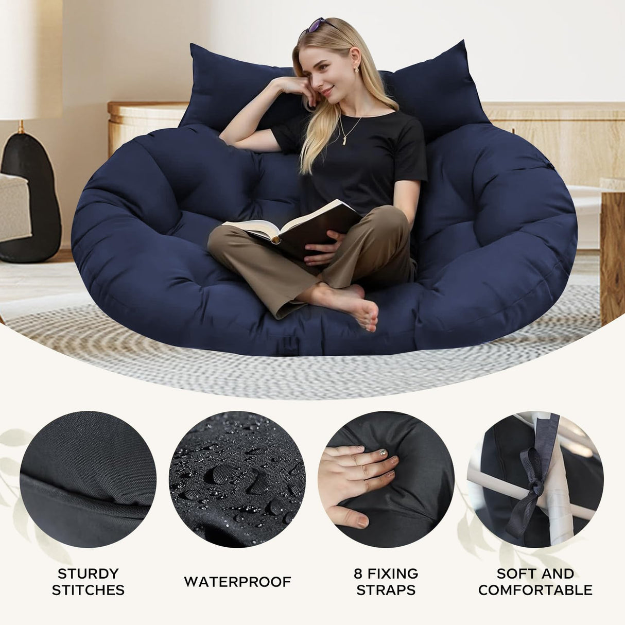 boyspringg Patio Double Egg Chair Cushion Replacement 55x35in Thickened Memory Foam Large Double Egg Swing Chair Cushions Hanging Basket Chair Cushion(Blue) boyspringg