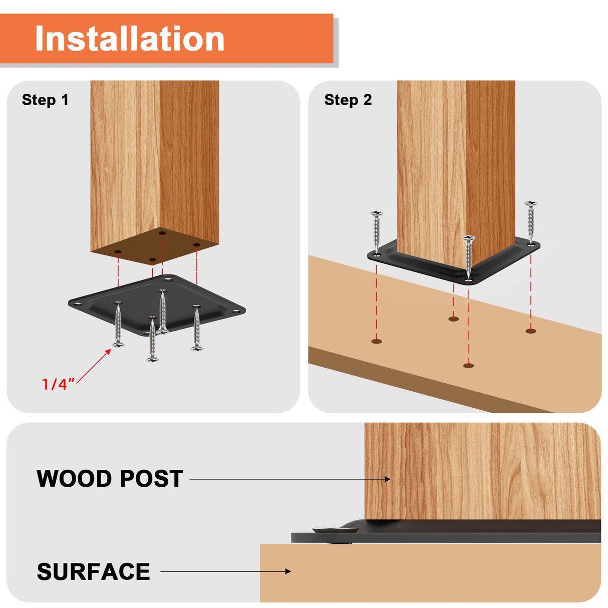ForoGore 4" x 4" Wood Post Plate Connector, Powder-Coated Decking Post Base, Wood Fence Post Anchor Base, Deck Porch Railing Support Base(4 Pack) ForoGore