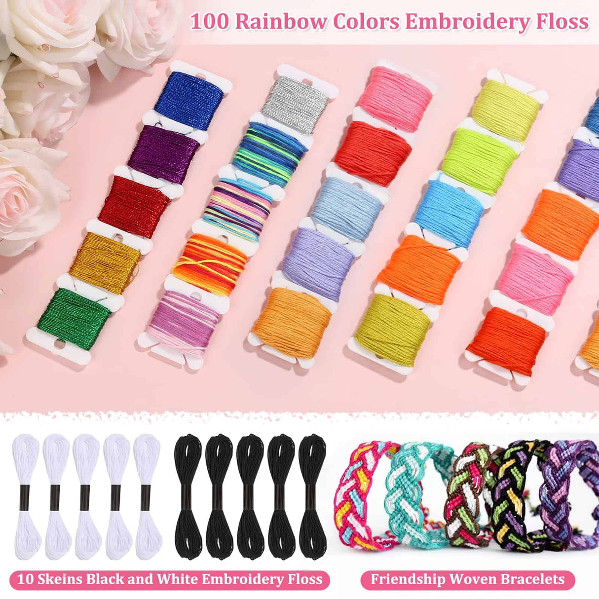 PAXCOO 985Pcs String Bracelet Making Kit, Friendship Bracelet String Kit with 110 Skeins Embroidery Floss Cross Stitch Thread, 830 Beads for Friendship Bracelet Making, 45Pcs Embroidery Tools PAXCOO