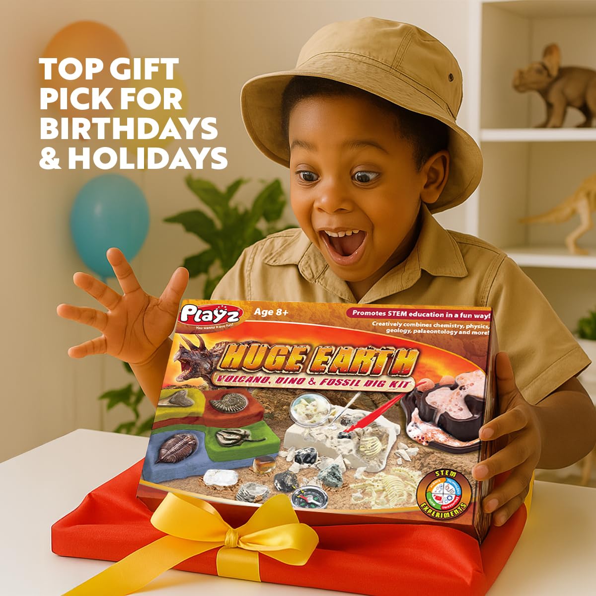 Playz Fossil Digging Kit for Kids Ages 6-12 – Dinosaur Fossil Excavation Tools, Paleontology Volcano Lab & Mining Activity Set Playz