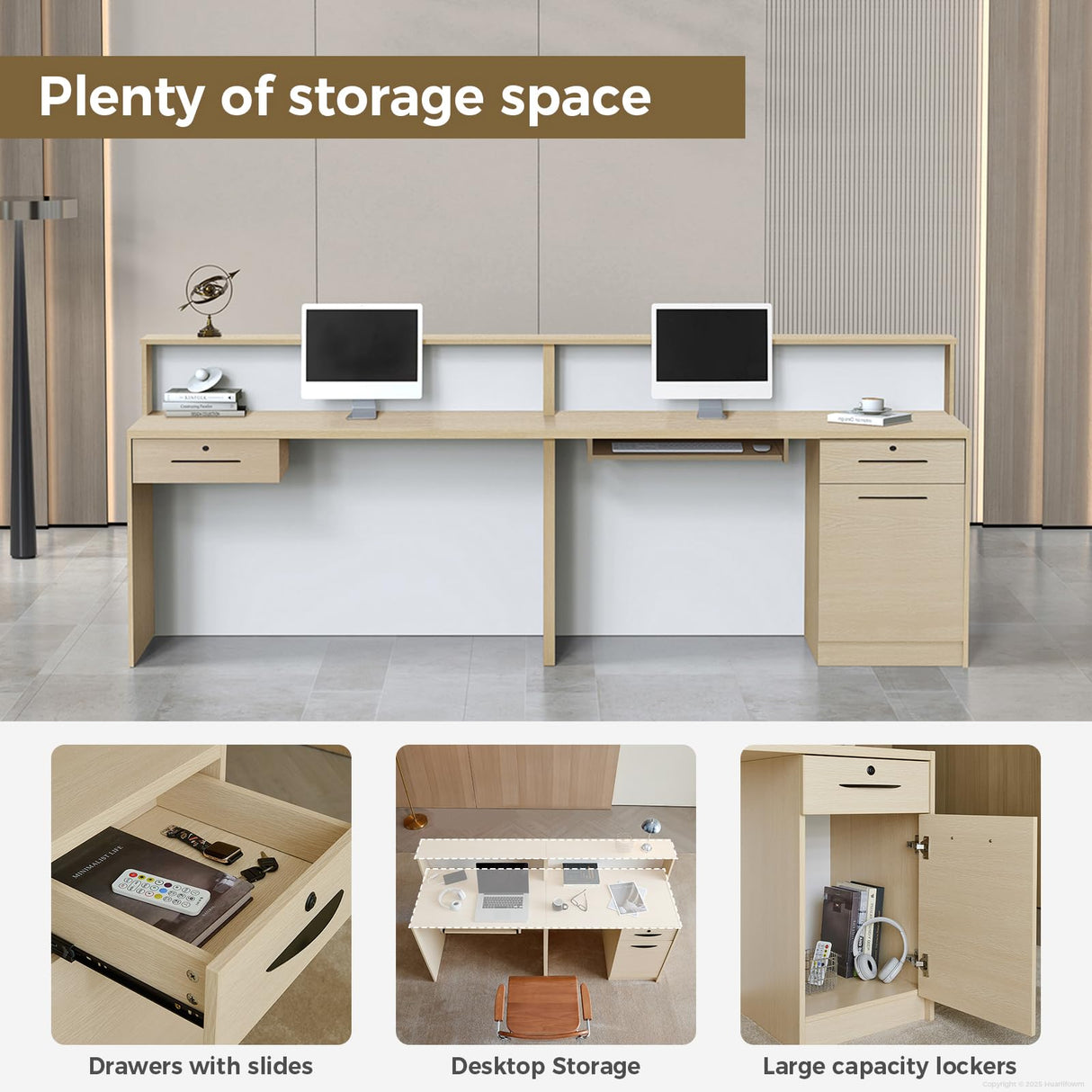 Huariifowm LED Reception Desk with Drawers & Lockers – Modern Front Counter Desk for Office, Salon, Spa, Hotel Lobby or Retail Store (White+ Maple, 71" L*24W*39" H) Huariifowm