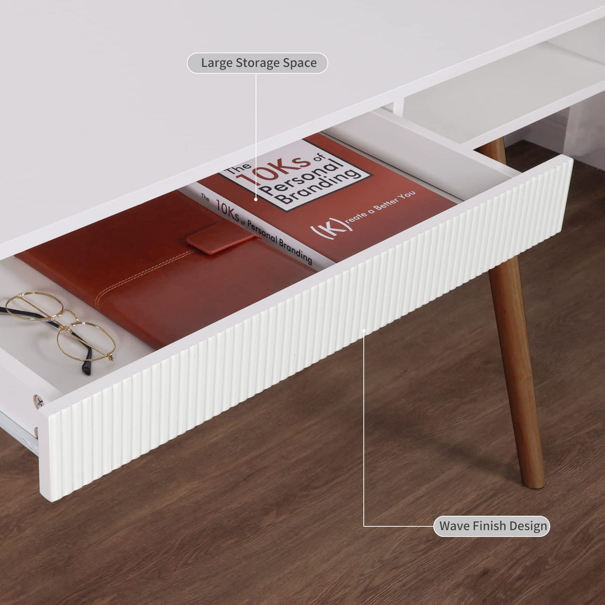 Arts wish White Writing Desk with Drawers Mid Century Modern Desk, Wood Office Desk Computer Desk Vanity Desk for Small Space, White Desk with Walnut Legs Arts wish