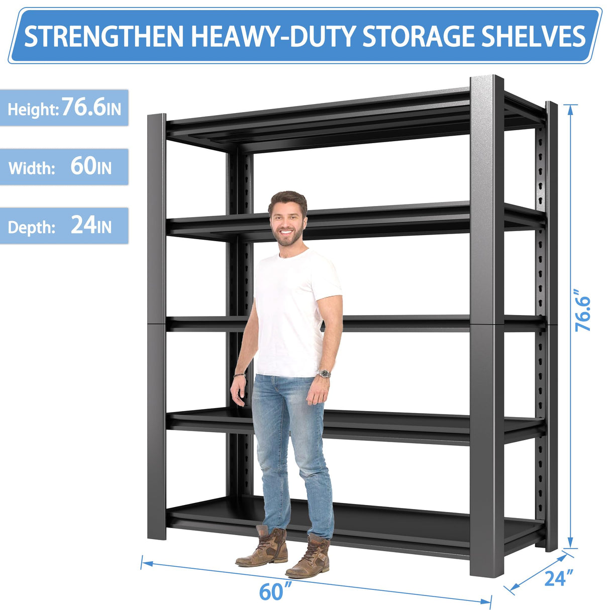 Nexvrtau 5-Tier Garage Shelving Heavy Duty, 3000 LBS Capacity Metal Storage Rack 24" D x 60" W x 76" H, Adjustable Steel Shelves Unit for Garage, Warehouse, Basement, Pantry, Workshop.1 Pack Nexvrtau