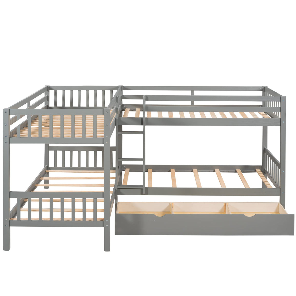 MERITLINE Quad Bunk Beds with Storage,4 Twin Bunk Bed for Kids, Solid Wood L Shaped Bunk Bed 4 Bed Bunk Beds for Kids,Teens, Adults,Grey MERITLINE