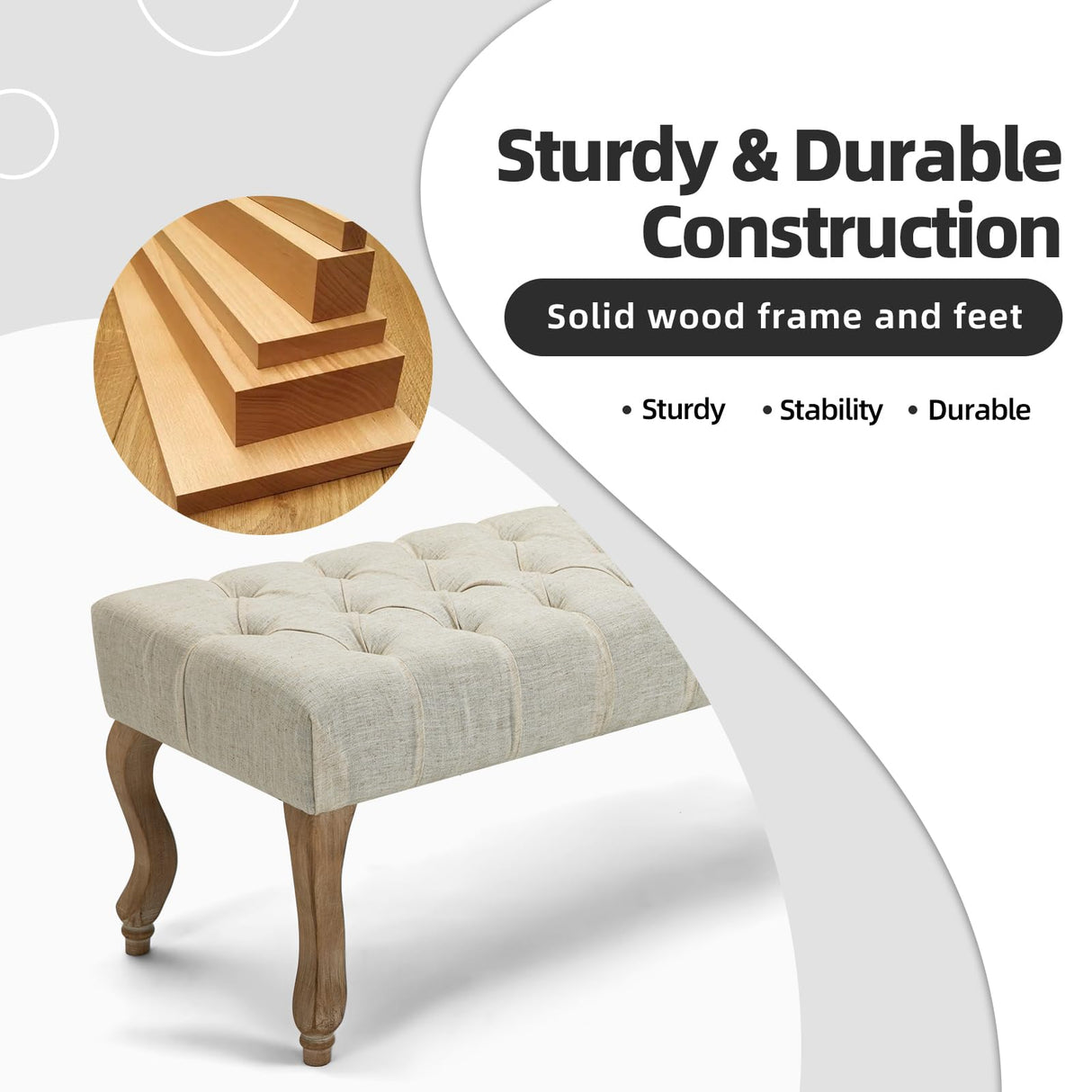 ECOTOUGE French Vintage Button-Tufted Upholstered Entryway Bench, Linen Fabric Accent Bench with Distressed Wood Legs for Living Room, Foyer, Dining Room, Beige ECOTOUGE