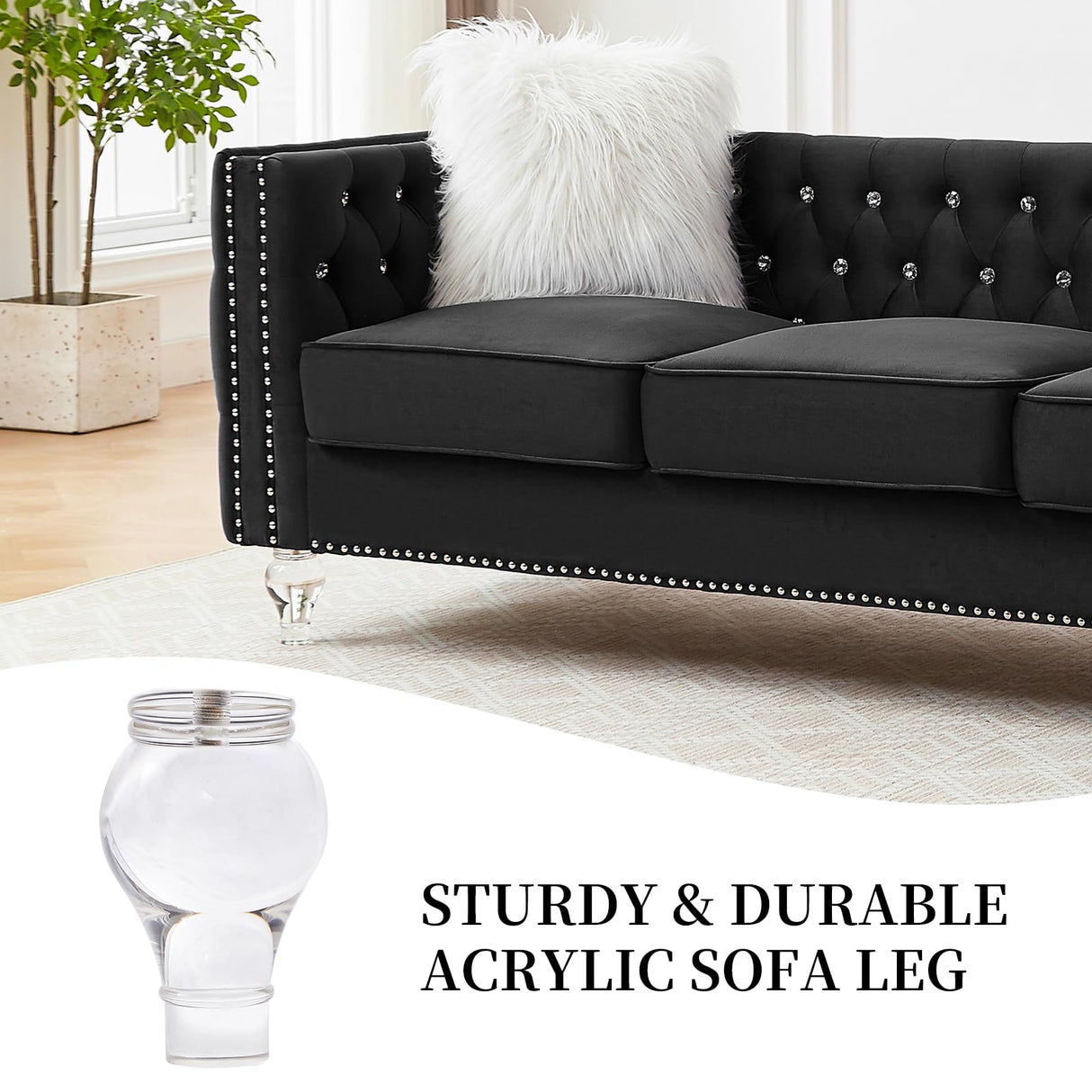 Homies Life 83" Chesterfield Sofa, Velvet Mid-Century Modern Upholstered Couch with 2 Throw Pillows and Acrylic Legs, Nailhead Button Tufted Vintage Sofa for Living Room, Apartment, Office, Black Homies Life