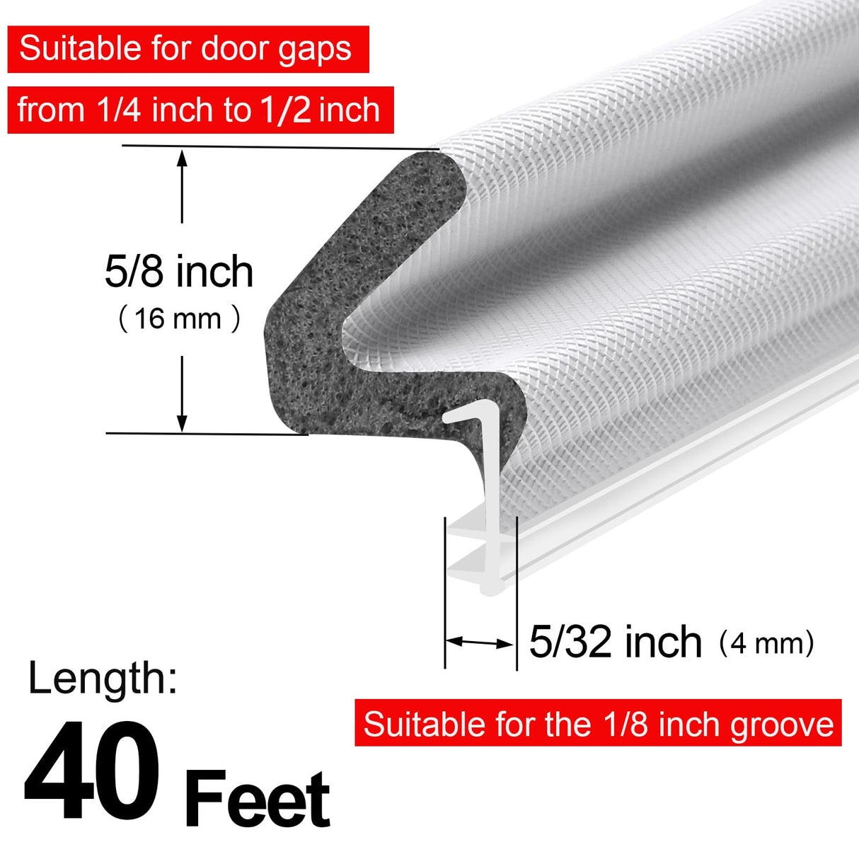 Kerf Weather Stripping Door Seal for Large Gap and Easy Installation (40 Feet, White) Litaibai