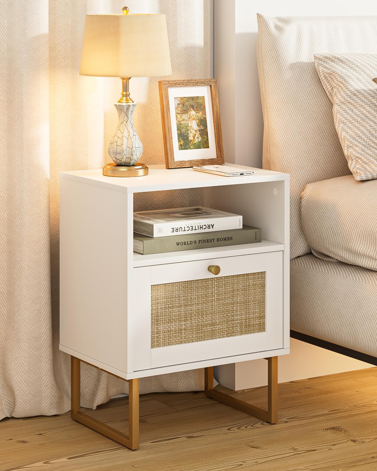 Apetaccat Rattan Nightstand, Boho Night Stand Farmhouse Wood Bedside Table with Storage and Open Shelf, End Side Accent Table for Bedroom,Living Room,White Apetaccat