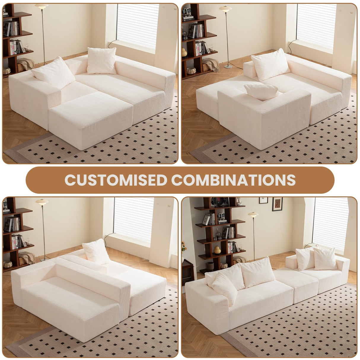 Modular Sectional Sofa, 108" L-Shaped Boneless Couch with Deep Seat, Corduroy Cloud Couch for Living Room, Bedroom, No Assembly Required, Ship in a Box, Beige RUMBALUXY