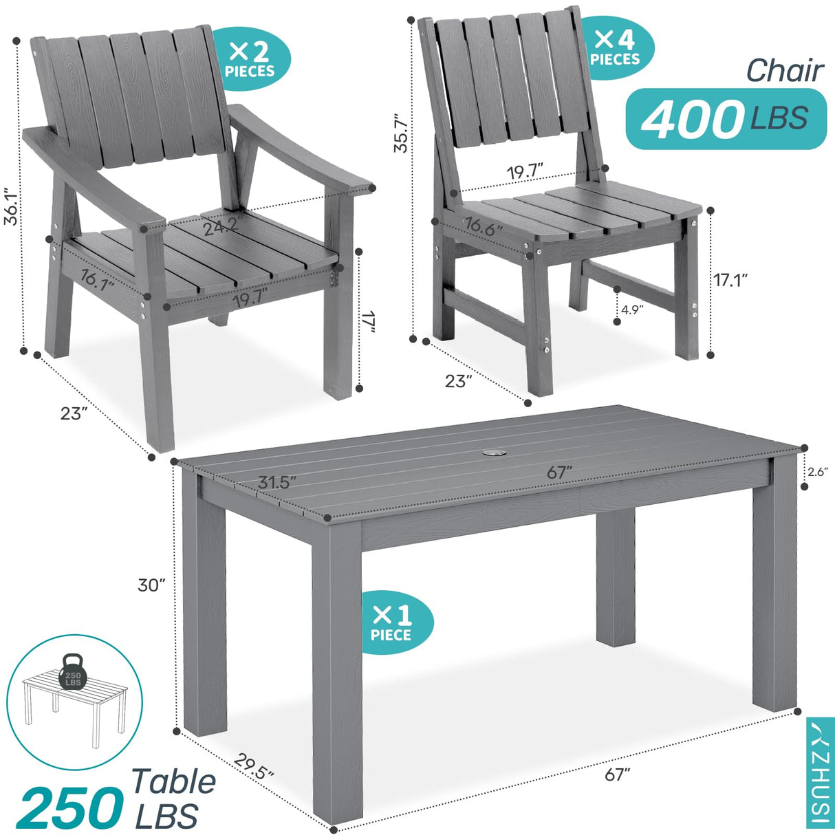 ZHUSI Patio Table and Chairs Set,HDPE Outdoor Dining Set with Umbrella Hole for Backyard, Poolside, Porch,All Weather,Grey ZHUSI