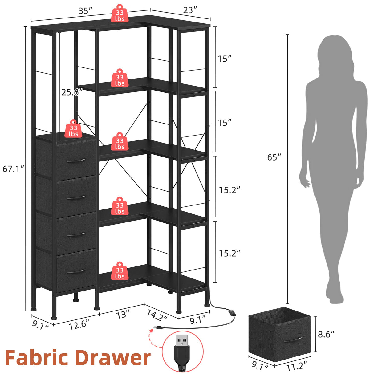 AFLUI Corner Bookshelf with LED Light Strips & 4 Fabric Drawers, 5-Tier Convertible Corner Shelf with Display Shelf, Large Wood Industrial Bookcase for Living Room, Bedroom, Home Office, Black AFLUI