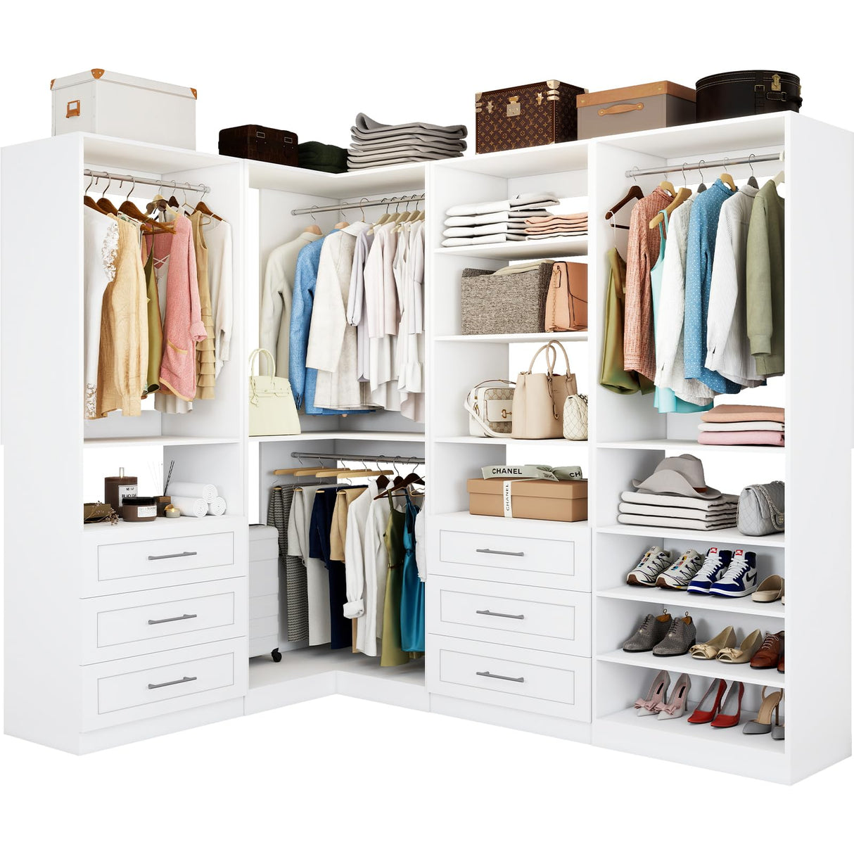 Vomavex Closet System with 4 sets, 101.9" Closet Organizer Systems with 6 Drawers & 8 Hanging Rods & Adjustable Shelves, Walk in Closet Standing Closet System, Corner Closet System Set, White vomavex