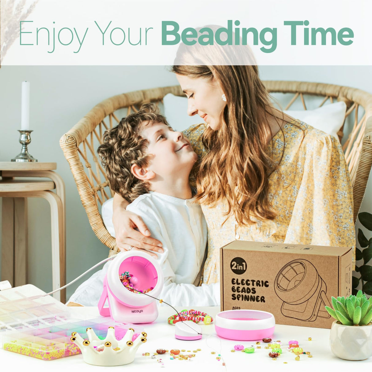 ISTOYO 2IN1 Adjustable Electric Clay and Seed Bead Spinner - Dual-Purpose Jewelry Making Tool with Big Eye Beading Needle - Ideal for Bracelets and Necklaces - Vibrant Pink ISTOYO