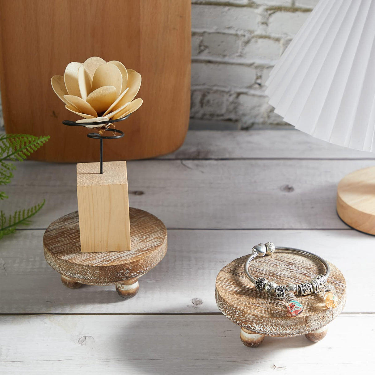 Set of 4 Mini Wood Risers for Decor Round Wooden Riser Small Wooden Stool Display Decorative Riser Stand Farmhouse Risers Rustic Wood Pedestal Stand for Plant Pot Tiered Tray Cake Food Home (Brown) Yalikop